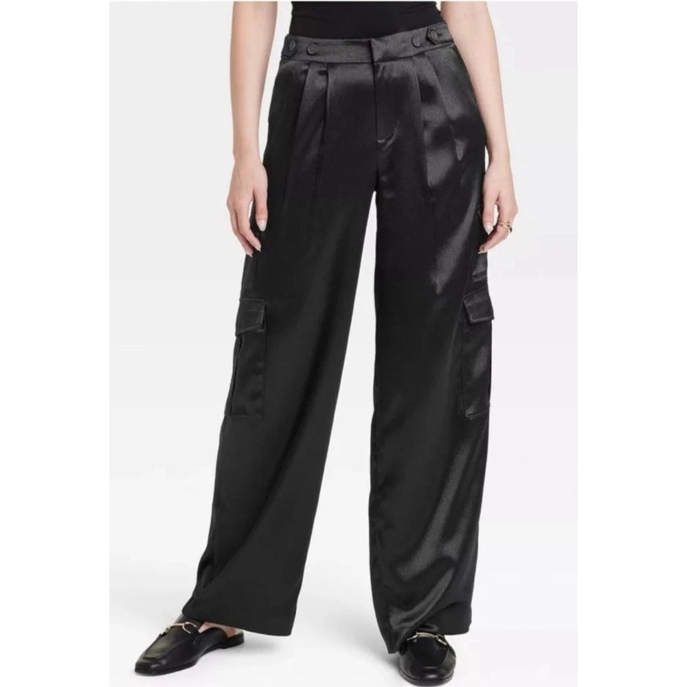 A New Day Black Satin Cargo Pants Pleated Wide Leg High Rise 10